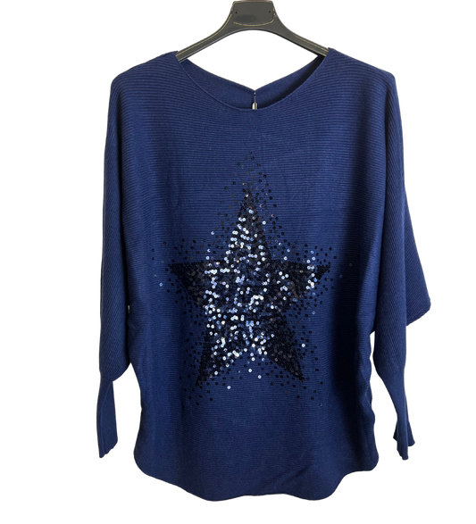 Sequin Star Batwing Sleeve Fine Knit Jumper in Navy