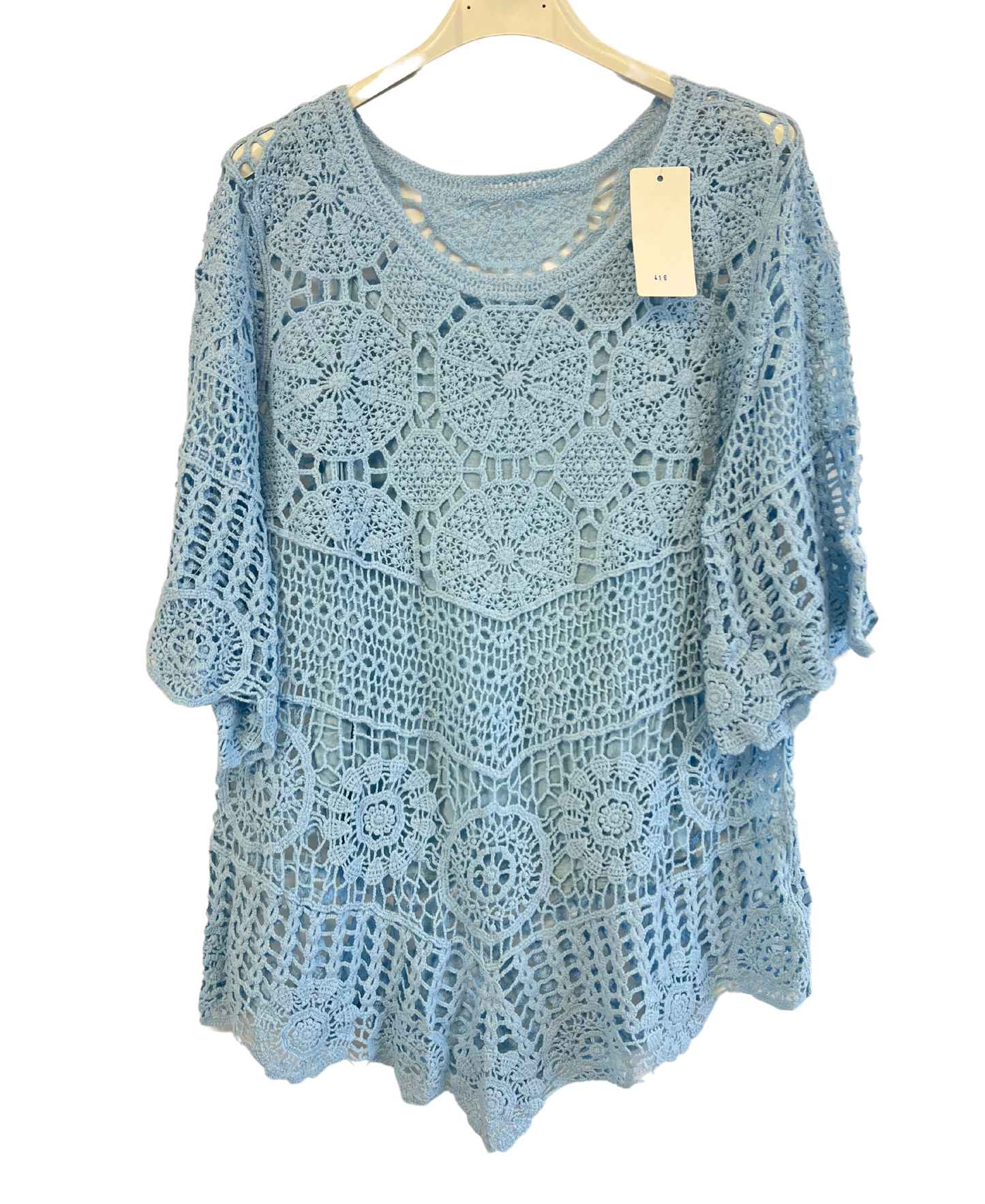 2 Piece Set Crochet Quirky Casual Tunic Top with Matching Vest in Light Blue