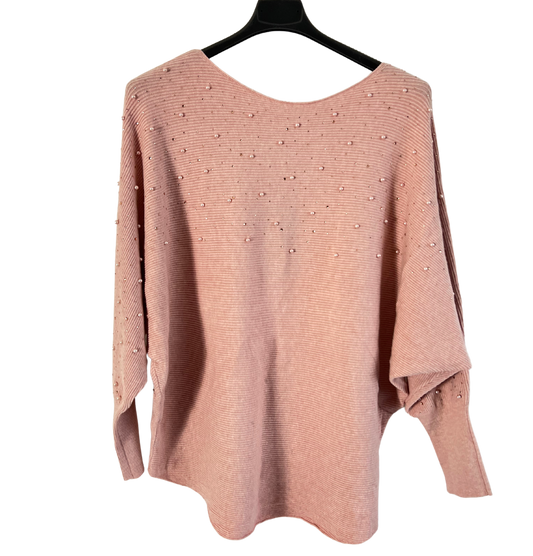 Autumn Pearl Sequin Design Batwing Sleeve Ribbed Knit Jumper in Pink