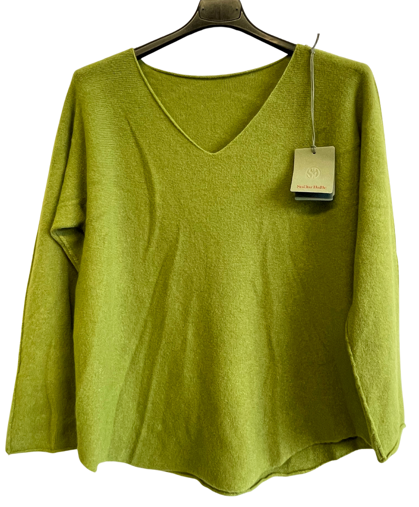 Soft Knit V-Neck Curved Hem Jumper in Lime Green