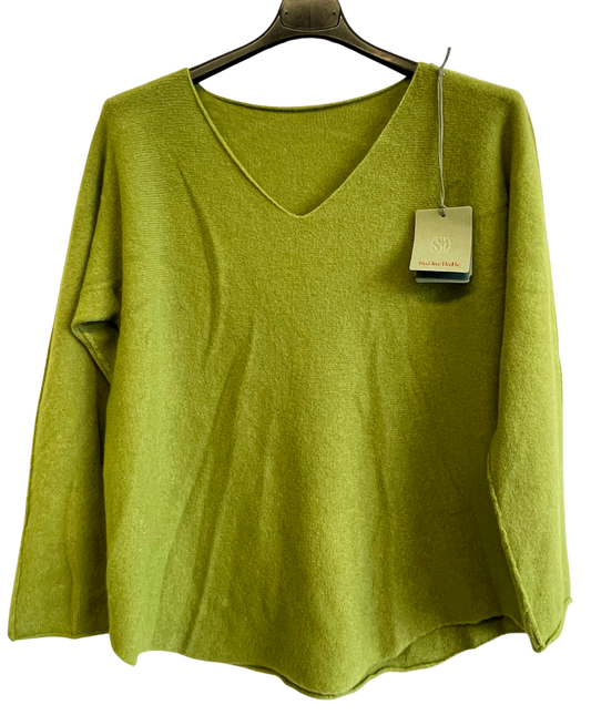 Soft Knit V-Neck Curved Hem Jumper in Lime Green