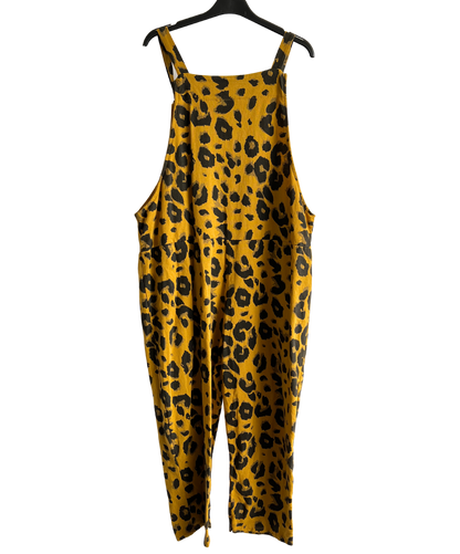 2 Pocket Animal Leopard Print Summer Dungarees In Mustard Yellow