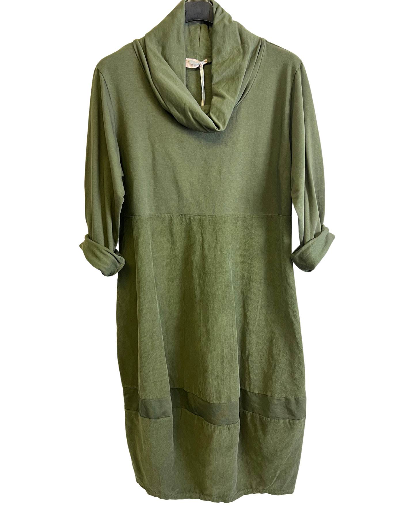 Cowl Neck Long Sleeve Cord Panel Jersey Dress In Khaki