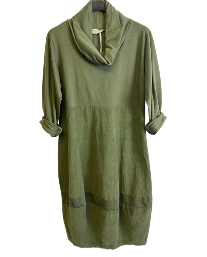 Cowl Neck Long Sleeve Cord Panel Jersey Dress In Khaki