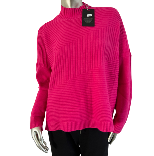 Knitted Italian Ribbed High Neck Long Sleeve Jumper in Fuchsia