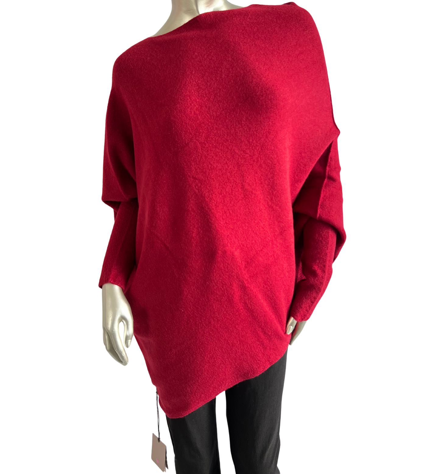 Asymmetric Draped Slouch Neck Soft Jumper with Long Fitted Sleeves in Wine