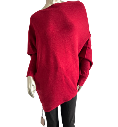 Asymmetric Draped Slouch Neck Soft Jumper with Long Fitted Sleeves in Wine