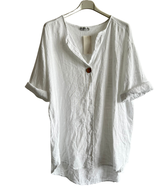 Oversized Cotton & Linen Blend Button Top In White