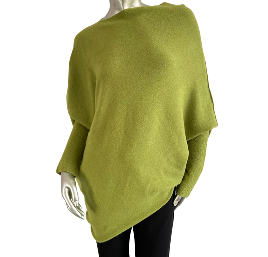 Asymmetric Draped Slouch Neck Soft Jumper with Long Fitted Sleeves in Lime Green