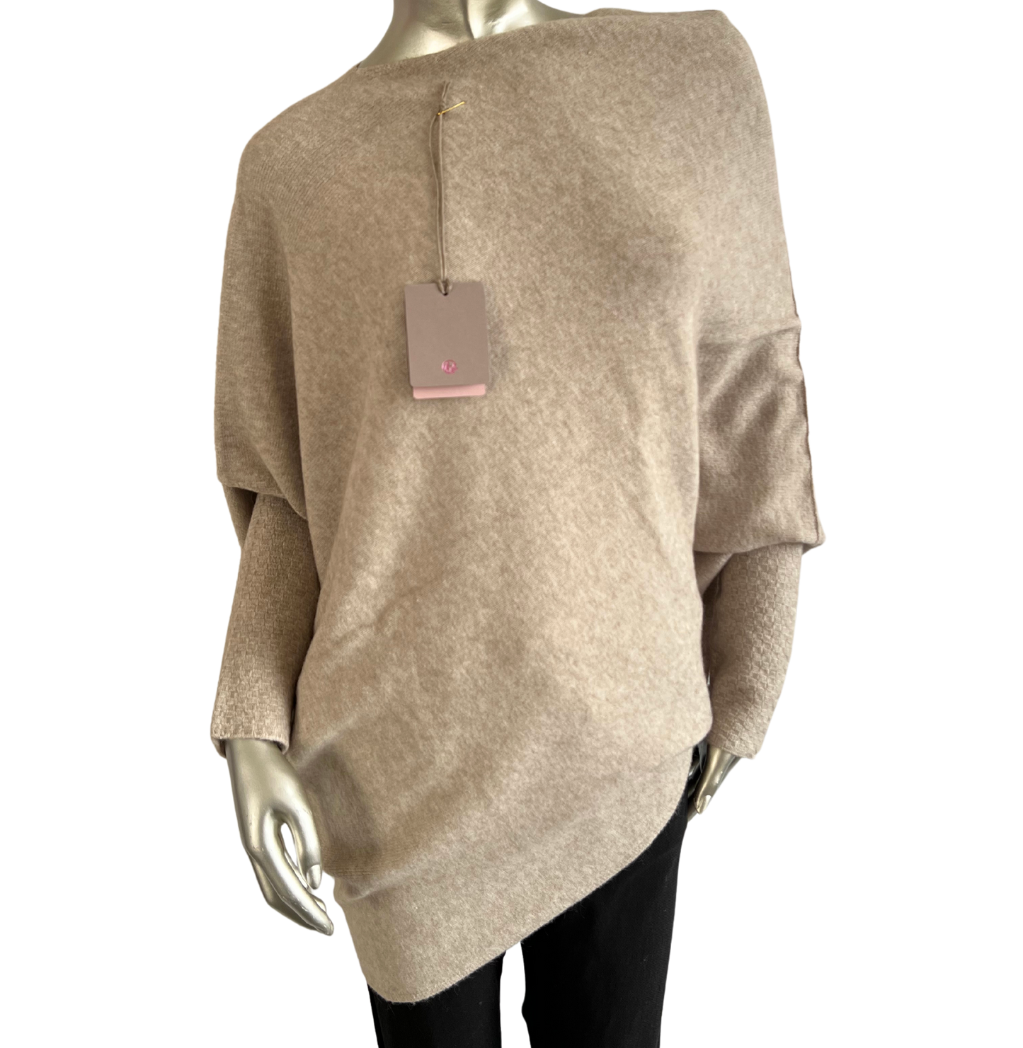 Asymmetric Draped Slouch Neck Soft Jumper with Long Fitted Sleeves in Mocha