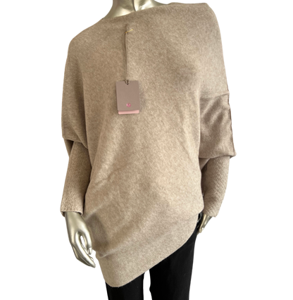 Asymmetric Draped Slouch Neck Soft Jumper with Long Fitted Sleeves in Mocha