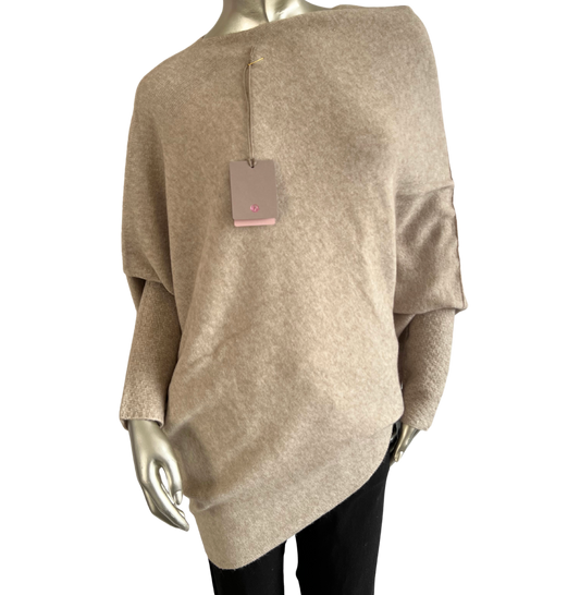 Asymmetric Draped Slouch Neck Soft Jumper with Long Fitted Sleeves in Mocha