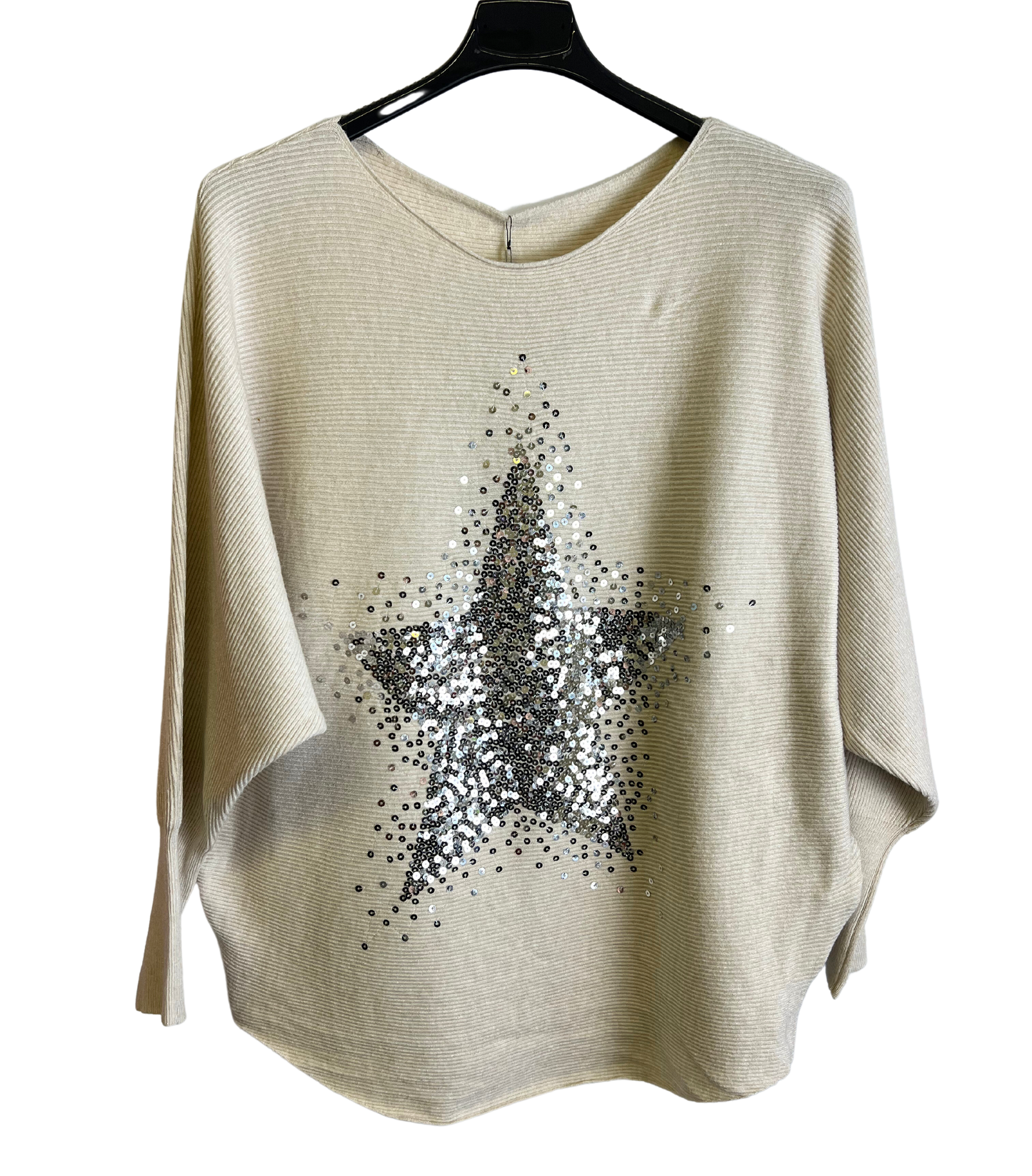 Sequin Star Batwing Sleeve Fine Knit Jumper in Beige