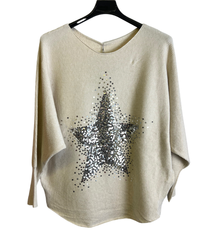 Sequin Star Batwing Sleeve Fine Knit Jumper in Beige