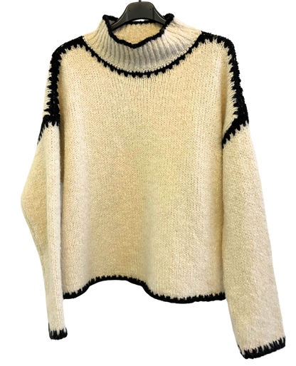 Soft Knitted Italian High Neck Jumper with Blanket Stitch Edging in Off White Cream