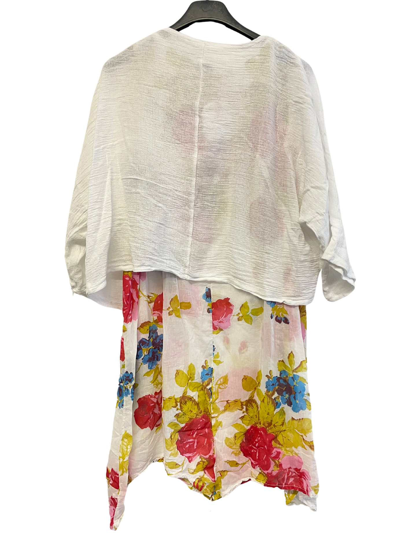 2 Piece Floral Dress Asymmetric Hem with Plain Top in White