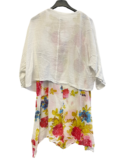 2 Piece Floral Dress Asymmetric Hem with Plain Top in White