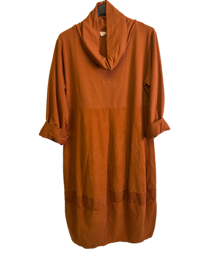 Cowl Neck Long Sleeve Cord Panel Jersey Dress In Rust