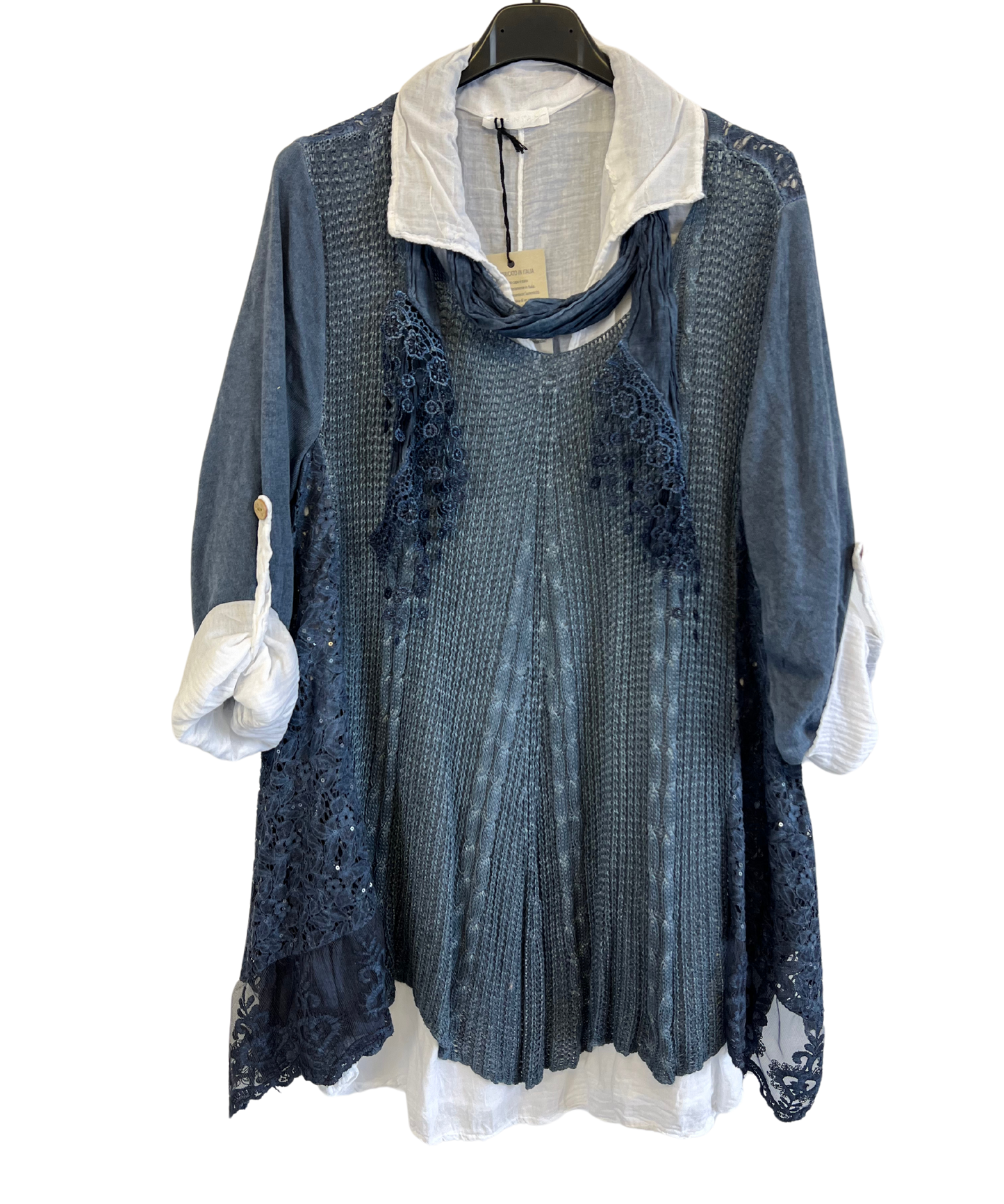 3 Piece Cotton Shirt with Knitted Overtop Tunic and Scarf in Navy