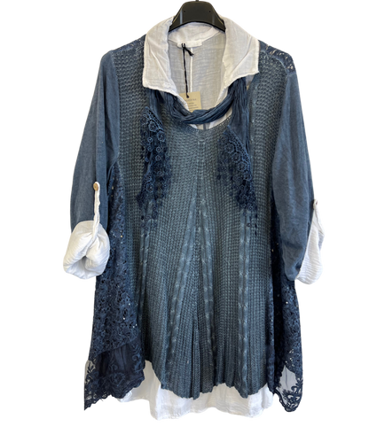 3 Piece Cotton Shirt with Knitted Overtop Tunic and Scarf in Navy