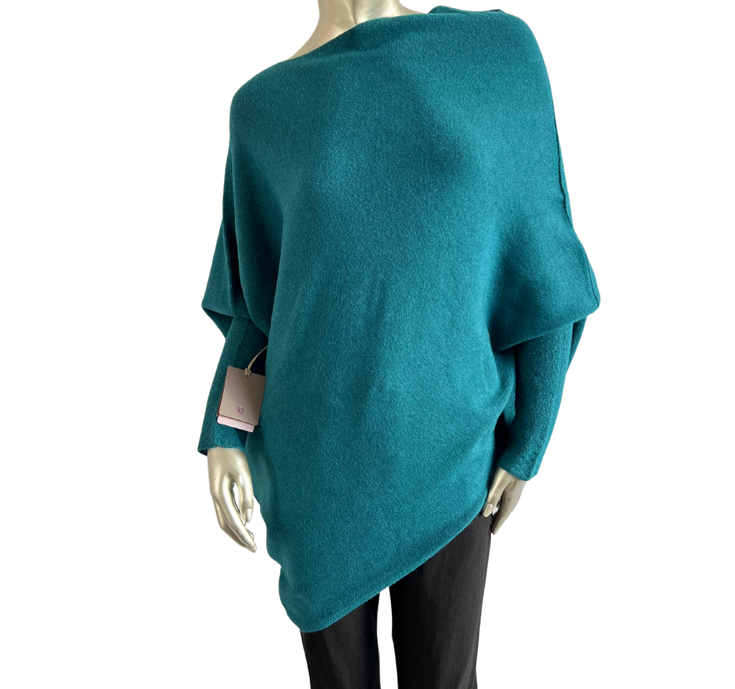 Asymmetric Draped Slouch Neck Soft Jumper with Long Fitted Sleeves in Teal