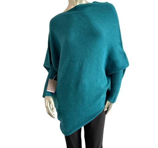 Asymmetric Draped Slouch Neck Soft Jumper with Long Fitted Sleeves in Teal