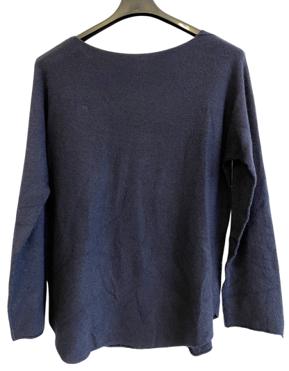 Soft Knit V-Neck Curved Hem Jumper in Navy