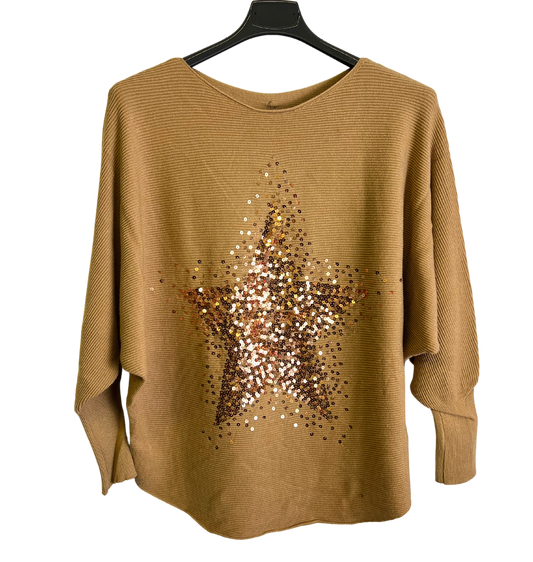 Sequin Star Batwing Sleeve Fine Knit Jumper in Camel