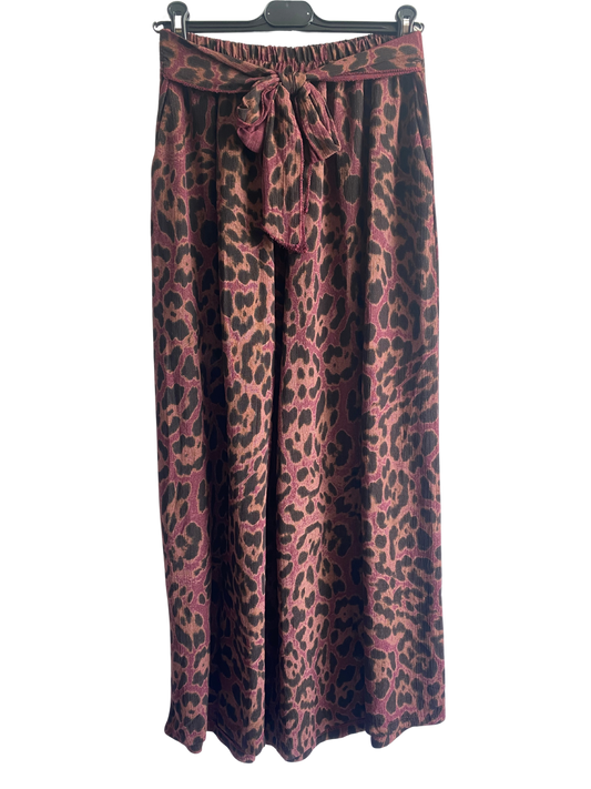 Animal Print Wide Leg Palazzo Elasticated Waistband Trousers in Wine