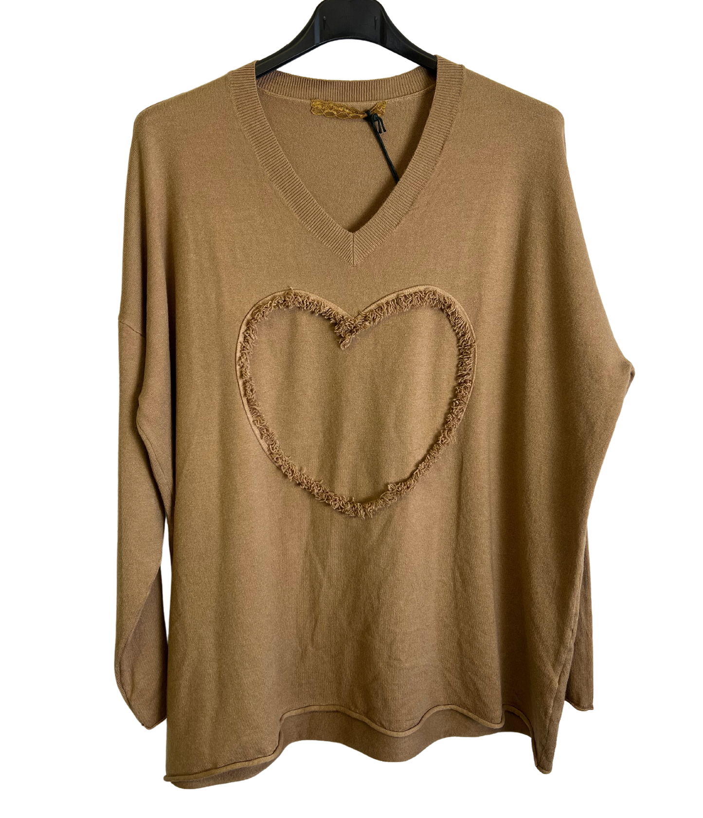 Soft Knit Embossed Heart Design V-Neck Jumper in Camel