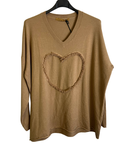 Soft Knit Embossed Heart Design V-Neck Jumper in Camel