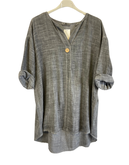 Oversized Cotton & Linen Blend One Button Top in Dark Grey