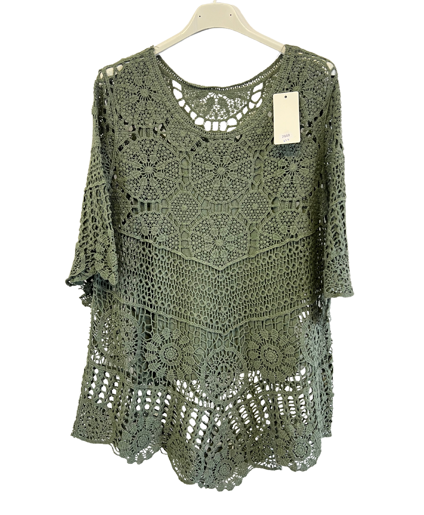 2 Piece Set Crochet Quirky Casual Tunic Top with Matching Vest in Khaki