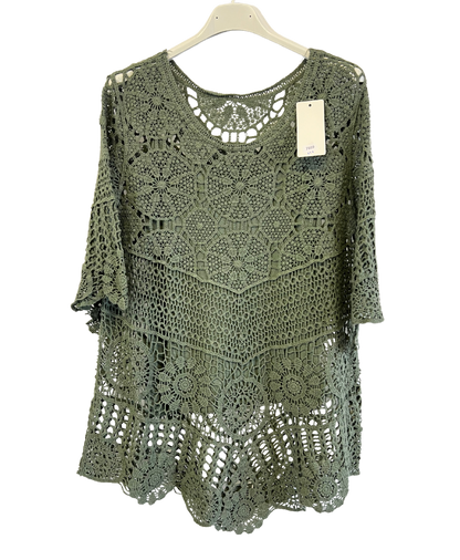 2 Piece Set Crochet Quirky Casual Tunic Top with Matching Vest in Khaki