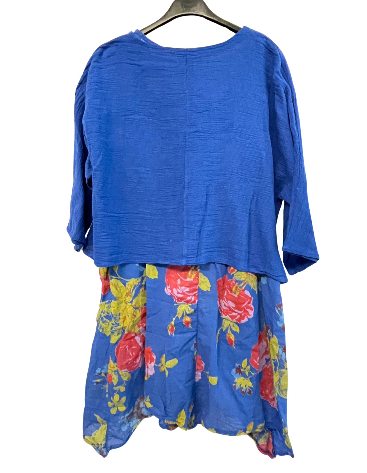 2 Piece Floral Dress Asymmetric Hem with Plain Top in Royal Blue