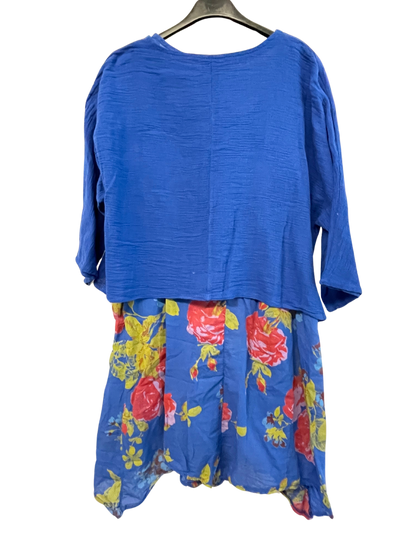 2 Piece Floral Dress Asymmetric Hem with Plain Top in Royal Blue