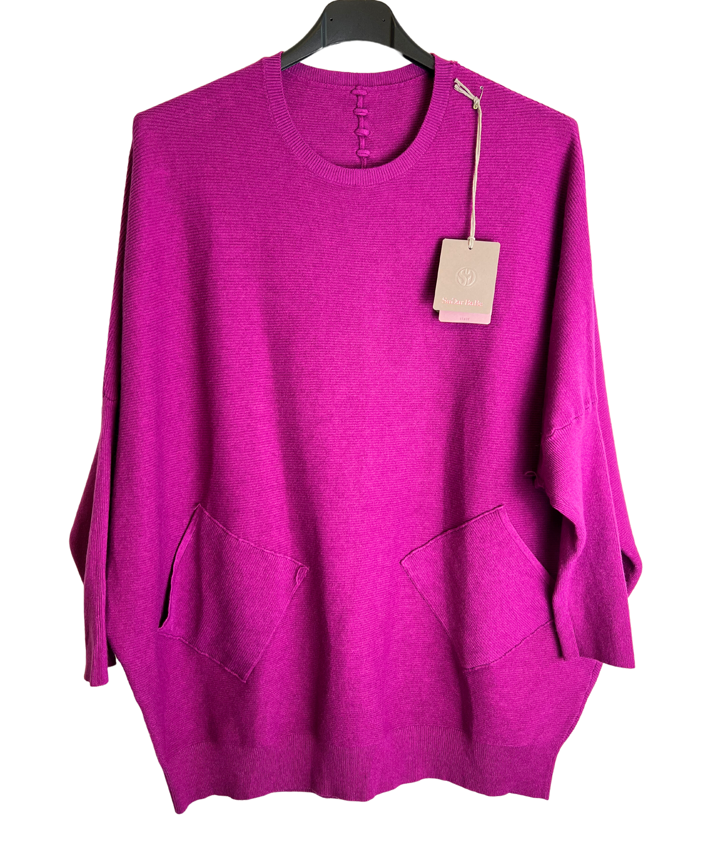 Lagenlook Italian Plait Back Design 2 Pocket Jumper in Magenta