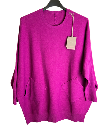 Lagenlook Italian Plait Back Design 2 Pocket Jumper in Magenta