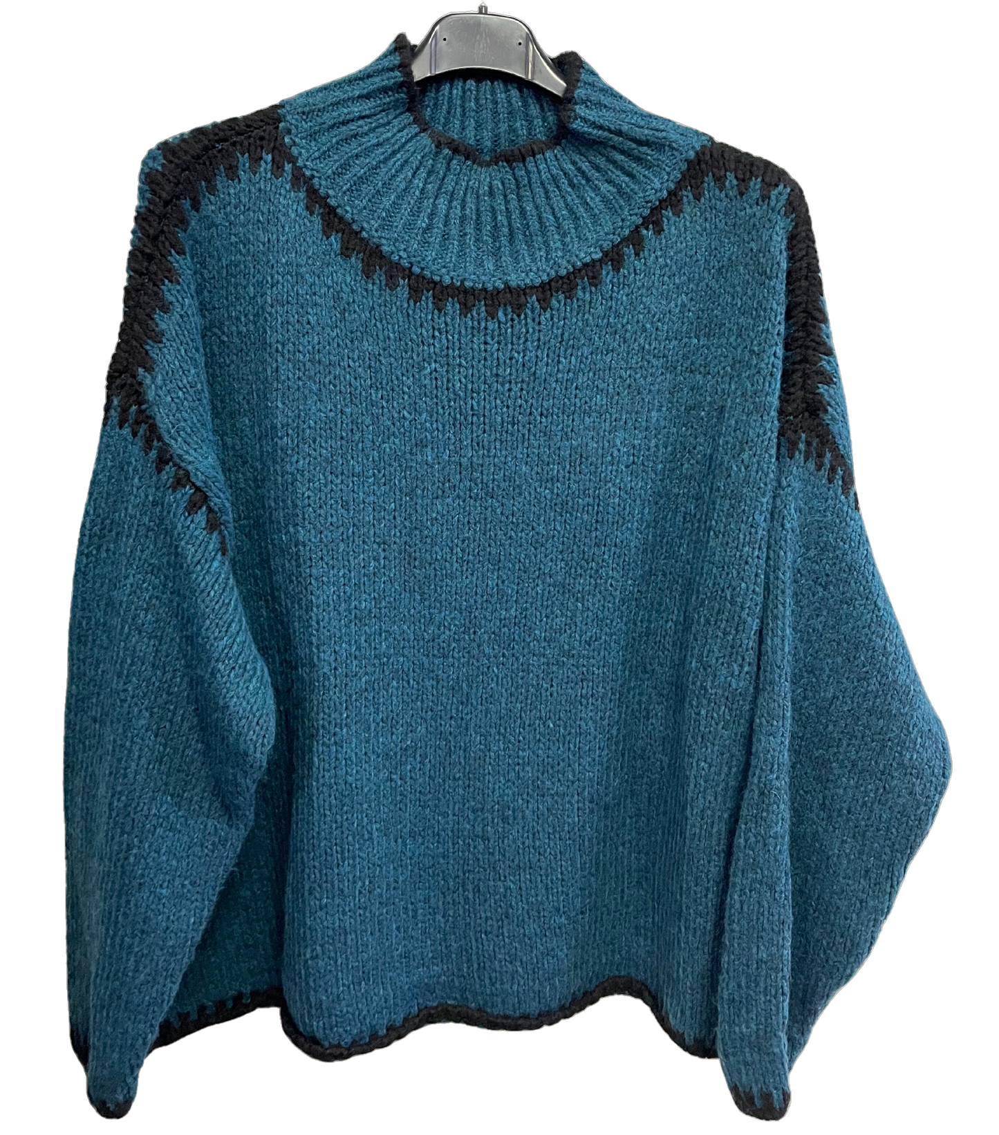 Soft Knitted Italian High Neck Jumper with Blanket Stitch Edging in Teal