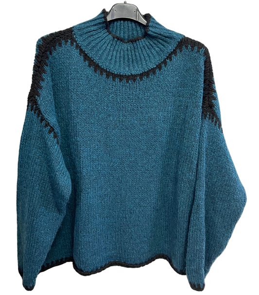 Soft Knitted Italian High Neck Jumper with Blanket Stitch Edging in Teal