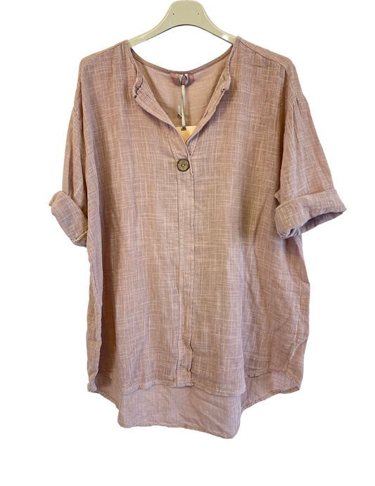 Oversized Cotton & Linen Blend One Button Top in Pale Pink