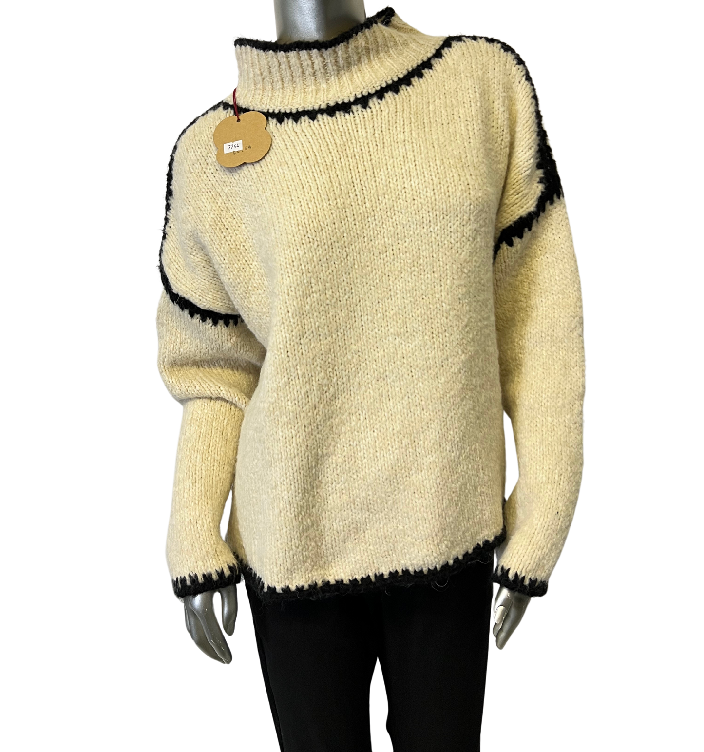 Soft Knitted Italian High Neck Jumper with Blanket Stitch Edging in Off White Cream