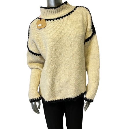 Soft Knitted Italian High Neck Jumper with Blanket Stitch Edging in Off White Cream