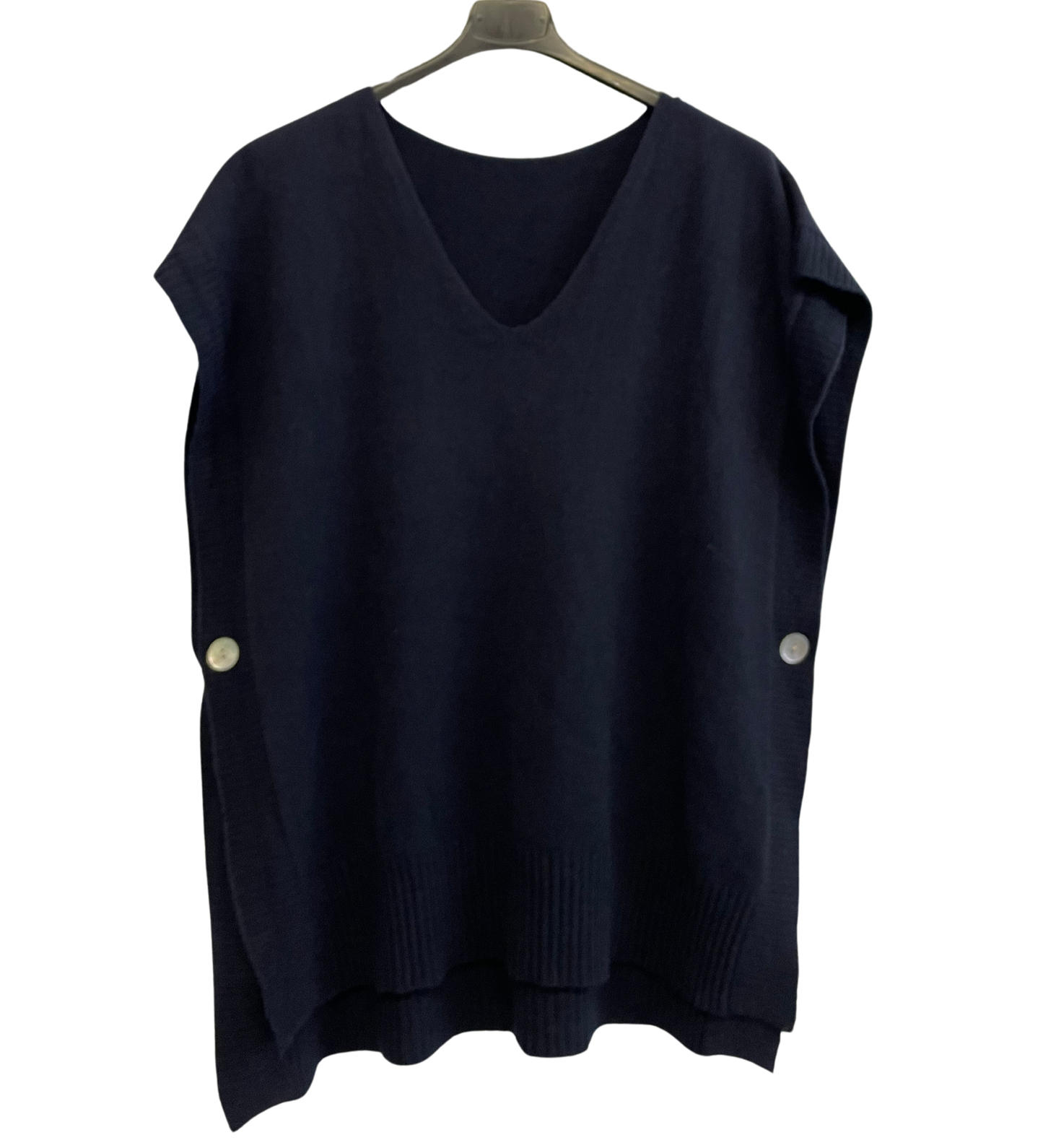 Soft Knitted Sleeveless Button Design V Neck Tank Top in Navy