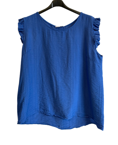 Button Back Summer Frill Cap Sleeve Plain Vest Top in Royal Blue