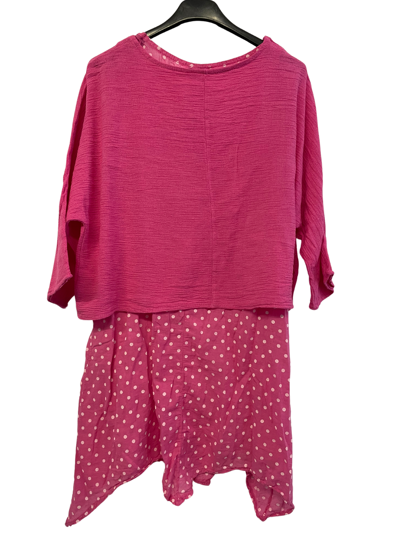 2 Piece Spot Dress Asymmetric Hem with Plain Crop Top in Fuchsia