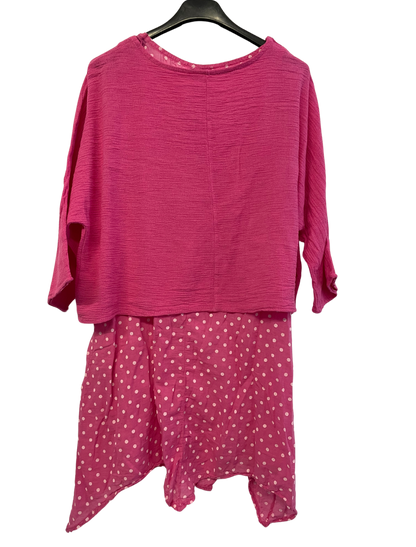 2 Piece Spot Dress Asymmetric Hem with Plain Crop Top in Fuchsia