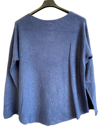 Soft Knit V-Neck Curved Hem Jumper in Dark Denim