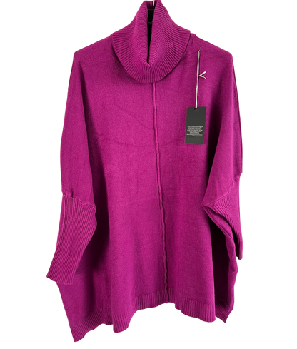 Oversized Knitted Cowl Neck Jumper with Front Seam Detail in Magenta