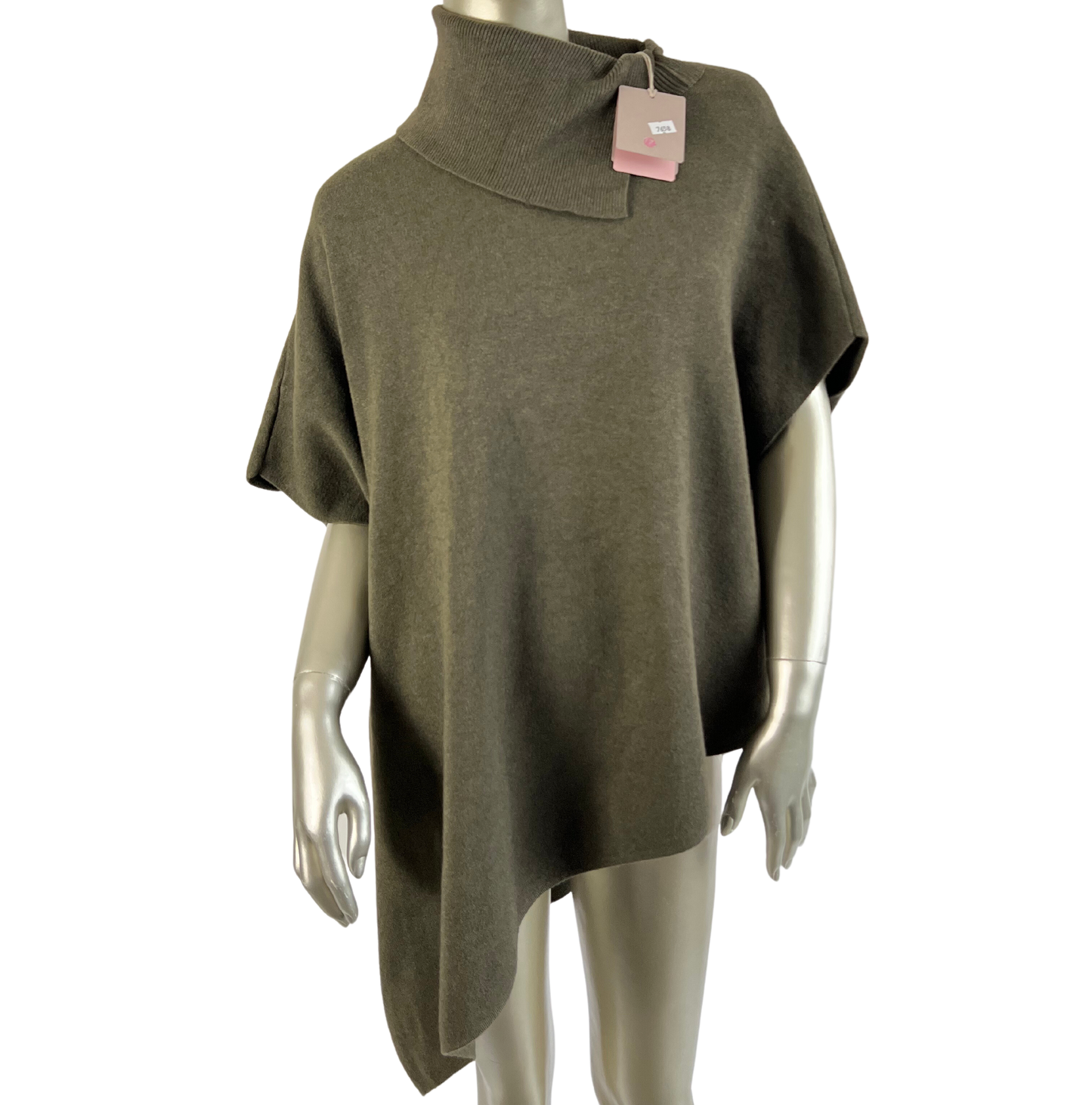 Asymmetrical Cowl Neck Soft Knitted Jumper Poncho in Khaki